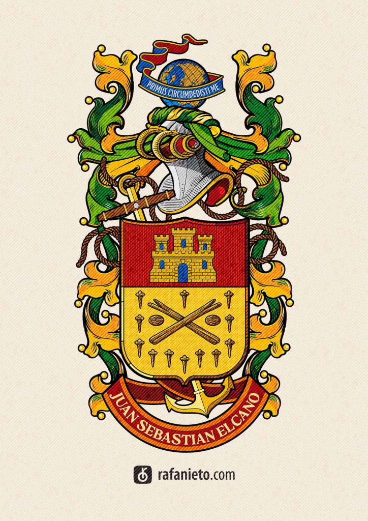 Escudo de armas de Juan Sebastián Elcano con lema “Primus circumdedisti me” – diseño heráldico profesional.