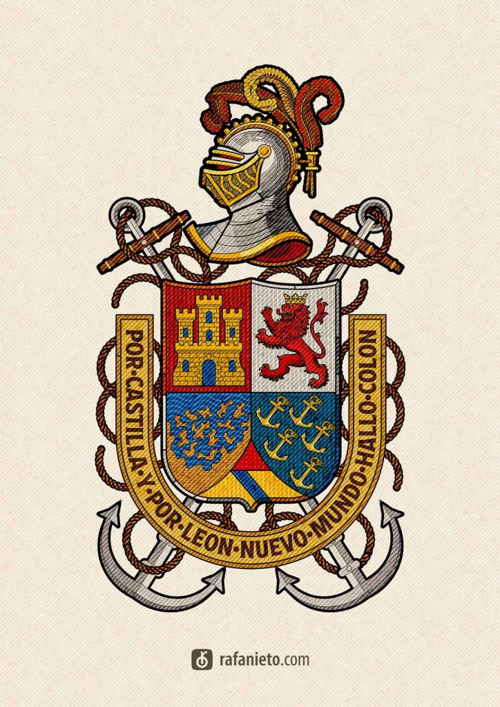 Escudo de armas de Cristóbal Colón con castillo, león, islas y anclas – diseño heráldico profesional.