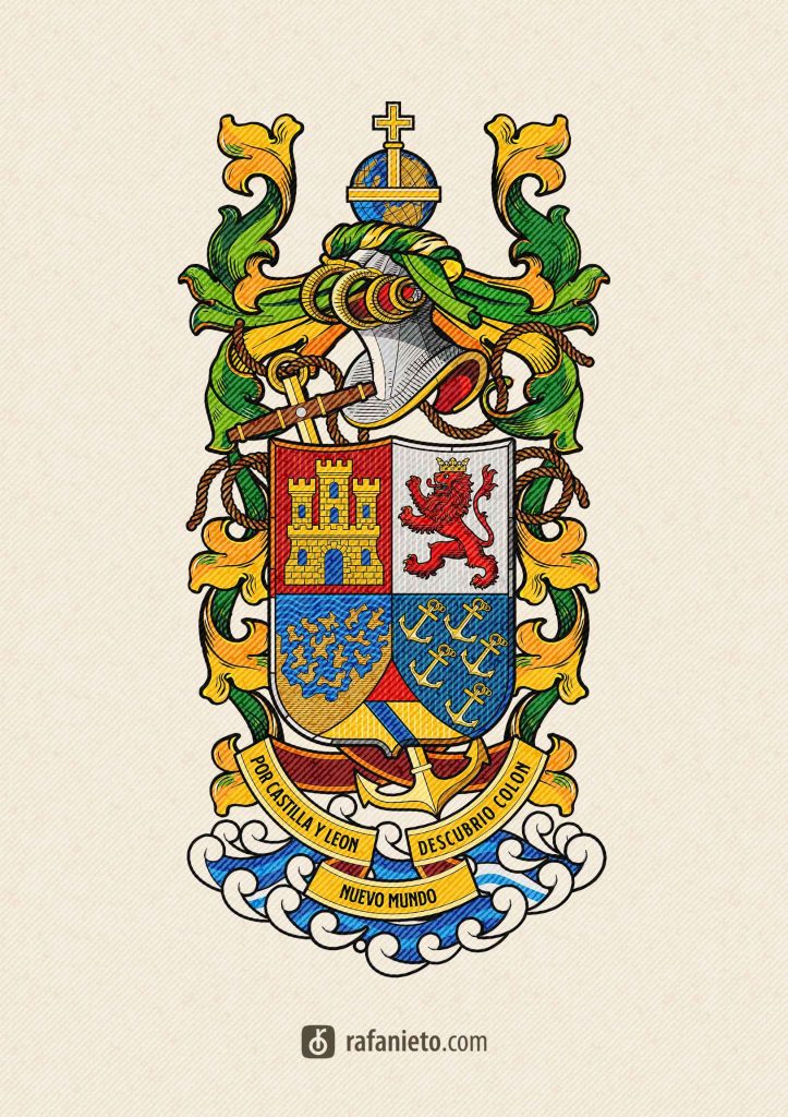 Escudo de armas de Cristóbal Colón con castillo, león, islas y anclas – diseño heráldico profesional.